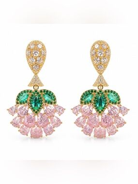 Mango Gold-Tone Green and Pink Crystal Fan Drop Earrings